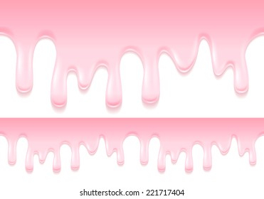 Yogurt drips. Strawberry milk product flowing. Seamless horizontal border.