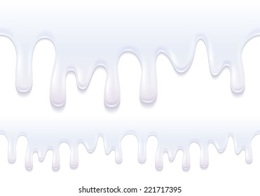 Yogurt drips. White milk product flowing. Seamless horizontal border.