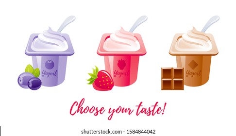 Yogurt Food Icon. Milk  Yoghurt. Cream Dessert Set. Cartoon Vector Illustration. Sweet Yougurt With Blackberry, Strawberry, Chocolate Taste In Plastic Cup Packaging. Isolated On White Background