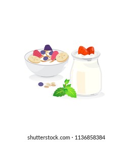 Yogurt with fruits and almond slide in a bowl and fresh yogurt in a bottle.