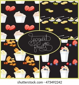 Yogurt and fruits seamless pattern. Vector background.  Food image set. Hand drawn illustration for your wallpaper, textile, fabric or wrapping paper.