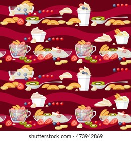 Yogurt and fruits seamless pattern. Vector background.  Food image. Hand drawn illustration for your wallpaper, textile, fabric or wrapping paper.