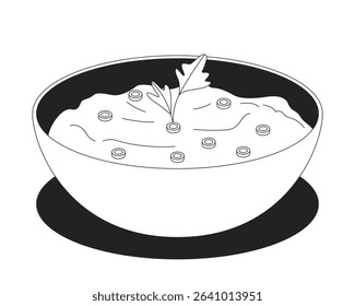 Yogurt garnished with herbal sprig, chopped scallions in bowl 2D line object. Healthy probiotic creamy dairy product with herbs isolated clipart vector ink outline item. Monochrome spot illustration