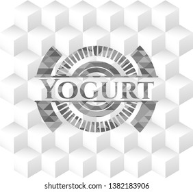 Yogurt grey badge with geometric cube white background