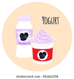 Yogurt healthy cream milk product in plastic container and bottle. Milky nutrition diet with blackberry, organic food with berries.