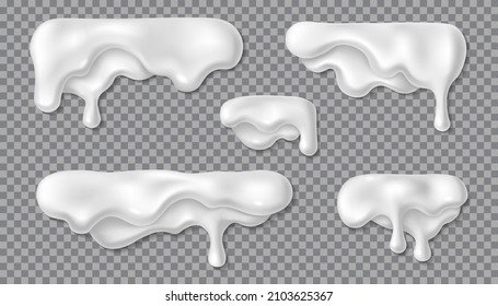 Yogurt Icing Drip Set. 3d Vector Realistic White Milk Or Mayonnaise Drop. Cream Or Yoghurt Stain. Border Design