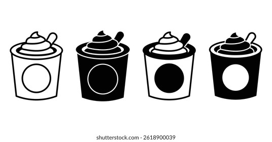 Yogurt Icon Black and White Illustrations of Cups with Whipped Cream and Spoons Vector Design