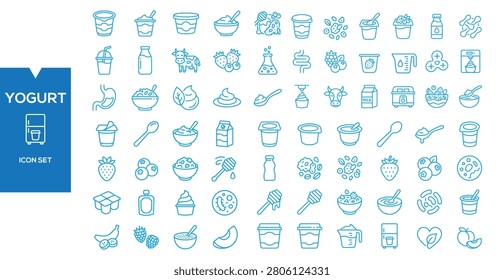 Yogurt Icon Set: A comprehensive collection of minimalist line icons representing various yogurt products and related items, perfect for food branding and design projects.