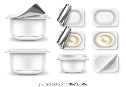 Yogurt icons set. Packaging fermented milk product packages are empty and full. Top and side view. 3D realistic mockup. For advertising, branding and presentation. Isolated   white background. Vector.