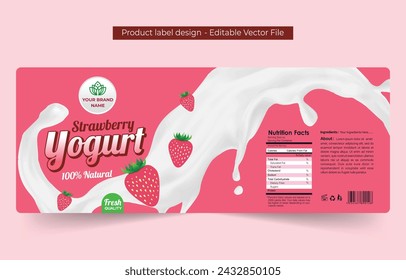 Yogurt label design template with strawberry flavor, Food product label design, container packaging template design download editable vector file illustration