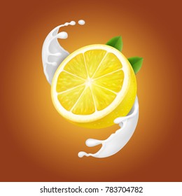 Yogurt Lemon in milk splash or yogurt flow. Realistic natural dairy product