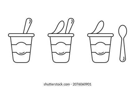 Yogurt linear icons set. Outline simple vector of open plastic container with spoon. Contour isolated pictogram on white background