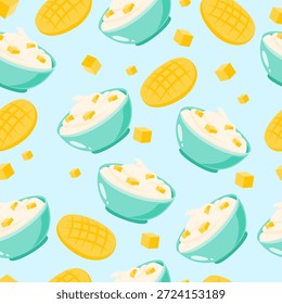 Yogurt and mango slices seamless pattern. Healthy and delicious food illustration. Can be used for wallpaper, paper wrapping, and kitchen decoration