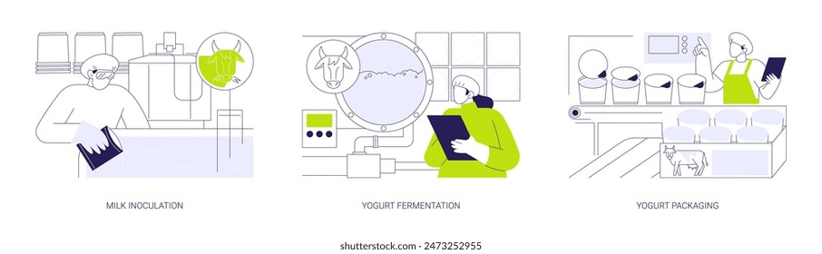 Yogurt manufacturing abstract concept vector illustration set. Milk inoculation, yogurt fermentation and packaging, lactic acid producing culture, dairy products, food industry abstract metaphor.