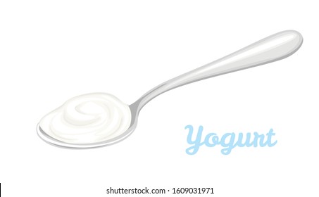 Yogurt in metal spoon Isolated on a white background. Vector illustration of fresh dairy product in cartoon flat style.