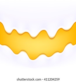 Yogurt milk cream drips. White product flowing on colorful yellow honey backdrop. Arch horizontal background.