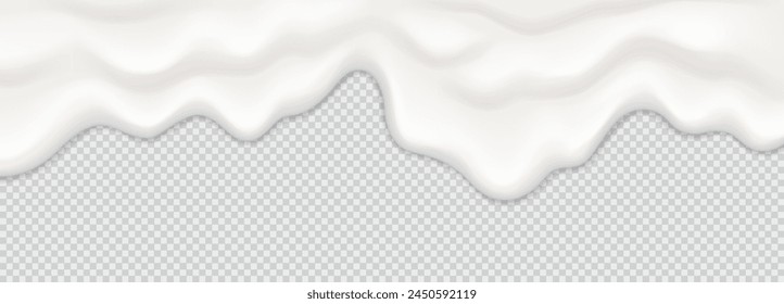 Yogur, leche o crema de superficie cremosa líquido derretir salpicaduras de fondo que fluye. Vector de leche blanca salpicadura o helado fluye textura suave sobre fondo transparente para el diseño de postres dulces. Ilustración 3D