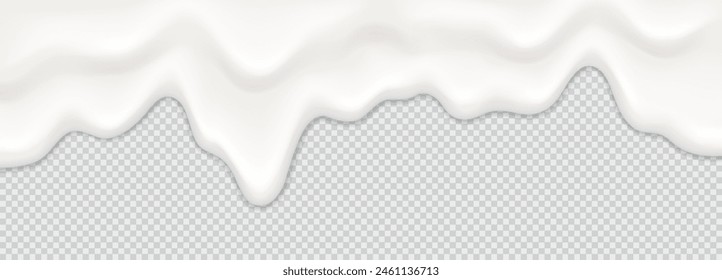 Yogur, leche o crema de superficie cremosa líquido derretir salpicaduras de fondo que fluye. Vector de leche blanca salpicadura o helado fluye textura suave sobre fondo transparente para el diseño de postres dulces. Ilustración 3D