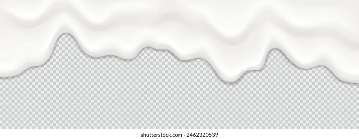 Yogur, leche o crema de superficie cremosa líquido derretir salpicaduras de fondo que fluye. Vector de leche blanca salpicadura o helado fluye textura suave sobre fondo transparente para el diseño de postres dulces. Ilustración 3D