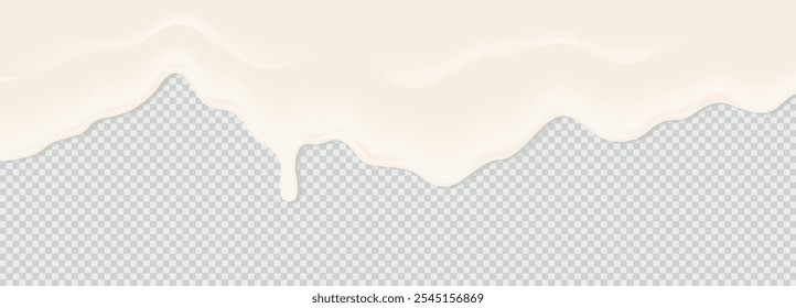 Iogurte, leite ou nata superfície cremosa líquido derreter respingo de fundo fluindo. Vetor de salpicos de leite branco ou sorvete flui textura macia sobre fundo transparente para design de sobremesa doce. Ilustração 3D