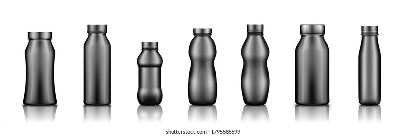 Yogurt, milk, juice or shampoo black plastic bottle set mockup isolated on white background. Package design. Blank food, cosmetic or detergent product. Container template. 3d vector illustration