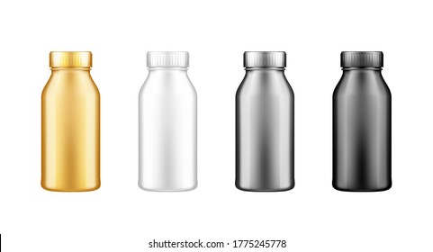Yogurt, milk, juice or shampoo bottle with lid mockup set. Plastic package design. Blank white, silver, gold, black food, cosmetic or detergent product. Container template. 3d vector illustration