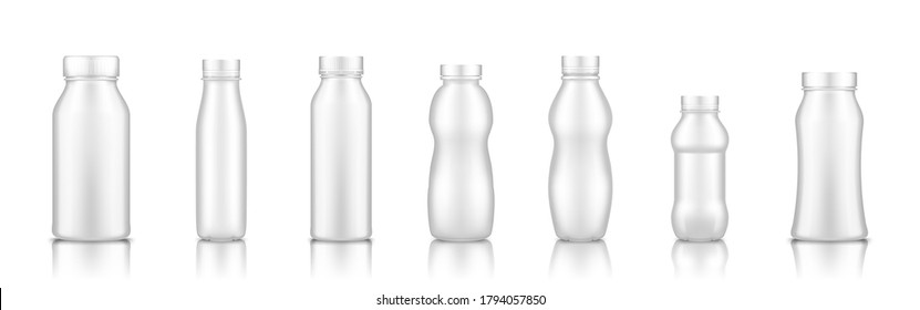 Yogurt, milk, juice or shampoo white plastic bottle set mockup isolated from background. Package design. Blank food, cosmetic or detergent product. Container template. 3d vector illustration svg