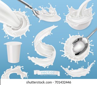 Yogurt, milk splashes. 3d vector element set, package design