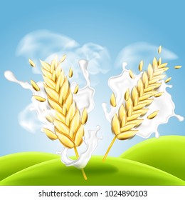 Yogurt or milk splashes with wheats, realistic illustration
