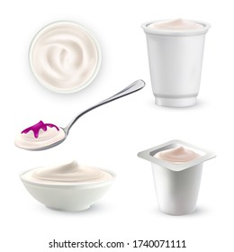 Yogurt Milky Cream Breakfast Dessert Set Vector. Collection Of Dairy Yogurt Food On Spoon And Dish, Classic And With Jam. Bacterial Fermentation Of Milk Product Template Realistic 3d Illustrations