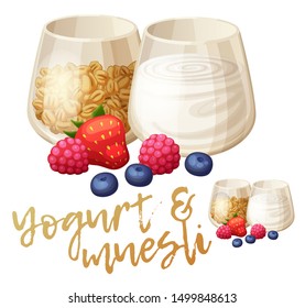 Ilustración yogur y muesli. Parfait de verano con fresa, arándano, frambuesa. Icono de comida vectorial de caricatura aislado en fondo blanco