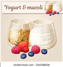 Icono vector yogur y muesli sobre fondo beige. Dibujo de caricatura de comida de ingredientes saludables para el desayuno. Lechones de crema blanca y harina de avena asada