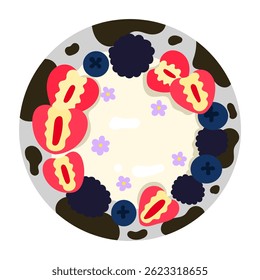 Yogurt on plate with strawberry, cranberry, blueberry, and edible flower, healthy breakfast and dessert concept flat vector illustration