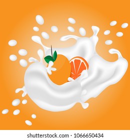 Yogurt, orange, spray from milk. Set of 3d vector elements, package design. Natural dairy products. 3d realistic vector object. Whipped cream with orange. The background is orange.