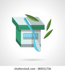 Yogurt pack with blue spoon and green leaves. Organic dairy food. Flat color style vector icon. Single design element for website, business.