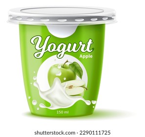 Yogurt package design. Dairy product. Juicy green apple. Fruit taste. Closed jar for fermented milk food. Cream dessert container mockup. 3D pot with foil cap. Vector