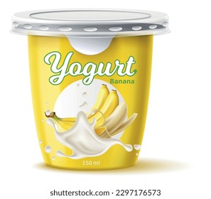 Yogurt package design. Dairy product. Juicy yellow banana. Closed jar for fermented milk food. Healthy snack. Natural flavor. Cream dessert container mockup. Vector