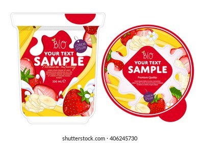 Yogurt package design. Strawberry banana yogurt package vector design. Top side view on food container with foil lid for storing dessert. Dairy product packaging icon illustration isolated on white
