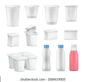 Yogurt package realistic set with blank package for bottles isolated vector illustration