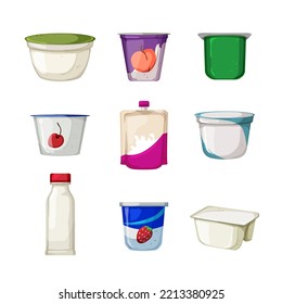 yogurt package set cartoon. product cream, food dessert, dairy healthy, milk fresh, plastic yogurt package vector illustration