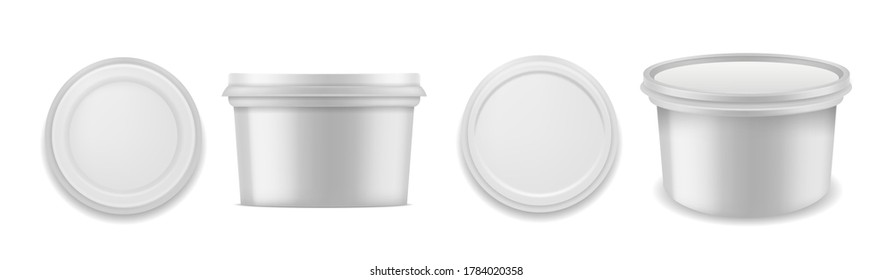 Yogurt package. White blank container for yoghurt, milk dessert product and jam, closed round box with curled foil. Plastic cup packaging 3d realistic vector isolated mockups