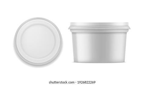 Yogurt Package. White Blank Container For Dessert, Ice Cream Or Milk Products Top And Side View, Realistic Closed Round Box With Cap, Brand Identity Presentation Template Vector 3d Isolated Mockup