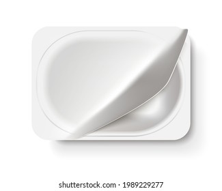 Yogurt packaging box. The packages of fermented milk products are empty. Top view with the lid ajar. 3D realistic layout. For advertising, branding and presentation. Isolated white background. Vector.