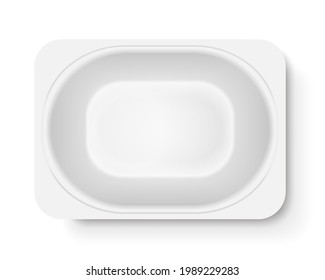 Yogurt packaging box. Packages of fermented milk products. Top view without cover. 3D realistic mockup. For advertising, branding and presentation. Isolated white background. Vector.