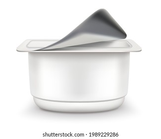 Caja de envasado de yogur. Los paquetes de productos lácteos fermentados están vacíos y llenos. Vista lateral con aluminio metálico. Burla realista en 3D. Para publicidad, marca, presentación. Vector