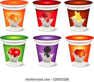 Yogurt Packaging Design Template with apricot, cherry, vanilla, apple, blackberry, peach