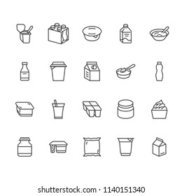 Yogurt Packaging Flat Line Icons. Dairy Products - Milk Bottle, Cream, Kefir, Cheese Illustrations. Thin Signs For Food Store. Pixel Perfect 64x64. Editable Strokes.