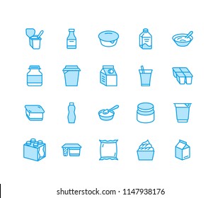 Yogurt Packaging Flat Line Icons. Dairy Products - Milk Bottle, Cream, Kefir, Cheese Illustrations. Thin Blue Signs For Food Store. Pixel Perfect 64x64. Editable Strokes.