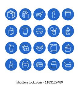 Yogurt packaging flat line icons. Dairy products - milk bottle, cream, kefir, cheese illustrations. Thin blue signs for food store.