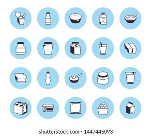 Yogurt packaging flat line icons. Dairy products - milk bottle, cream, kefir, cheese illustrations. Thin signs for food store.